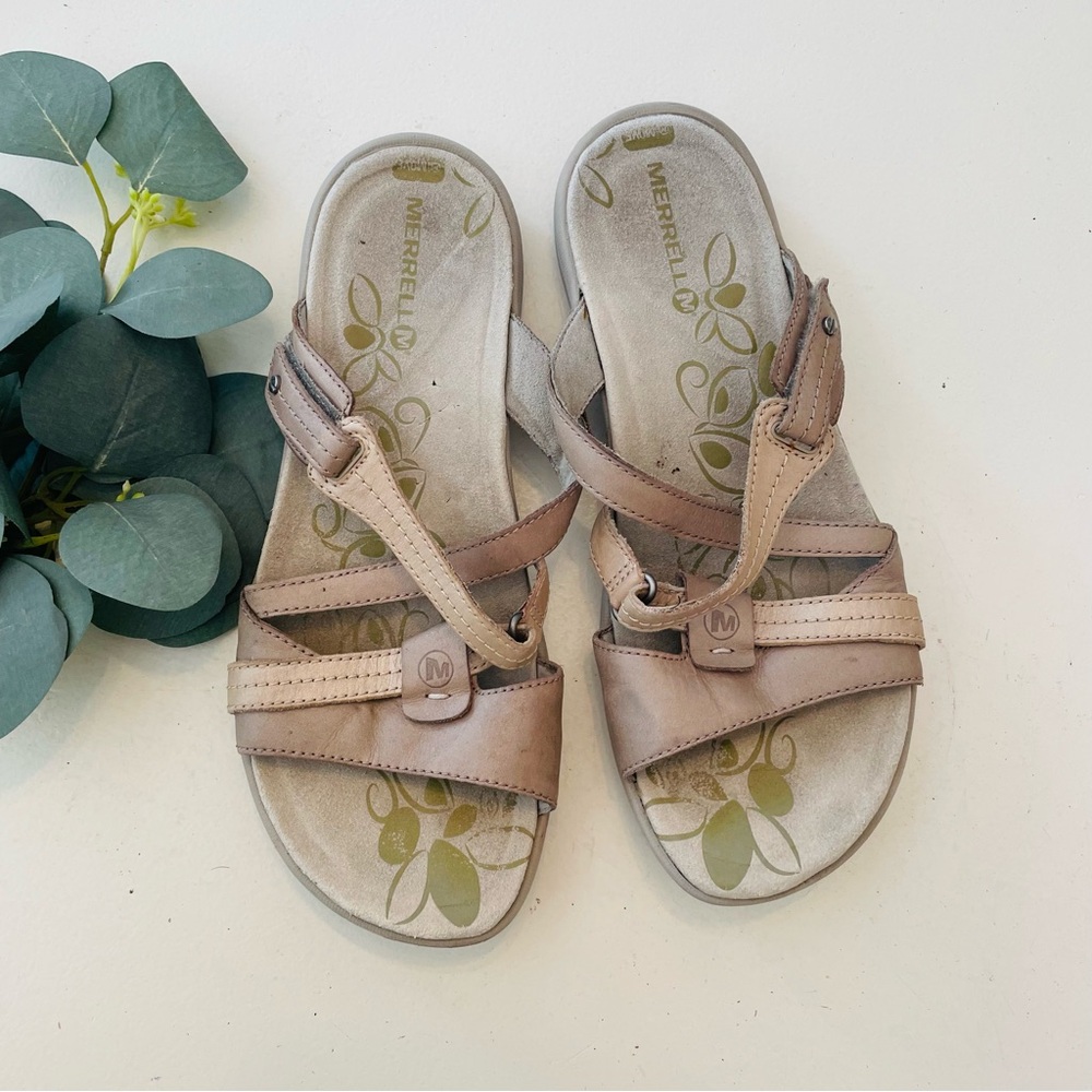 Merrell Women's Tan Leather Multi-Strap Slide Sandals